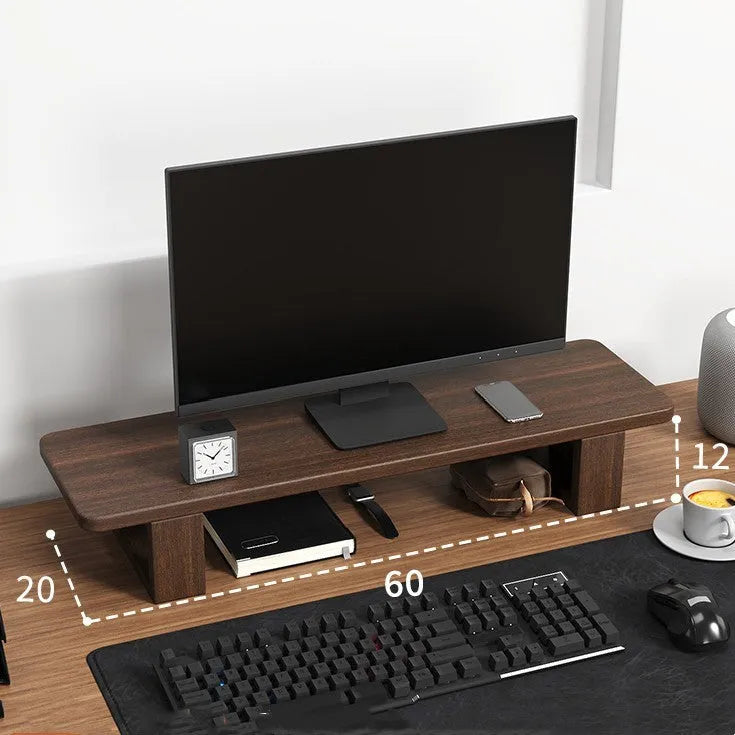 solid walnut wood computer monitor heightening frame on a desk with extra storage underneath