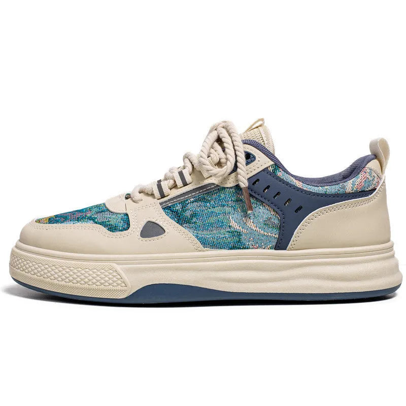 Men's beige and green canvas casual shoes with flat heel and round toe on white background