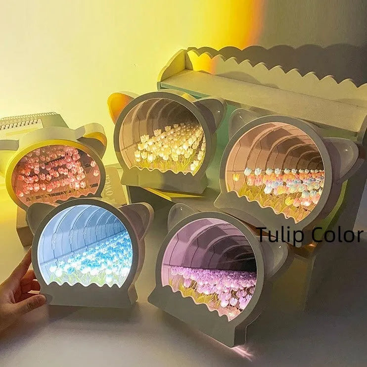 DIY cat head shaped night light kit with colourful handmade tulip flowers for bedside decor.
