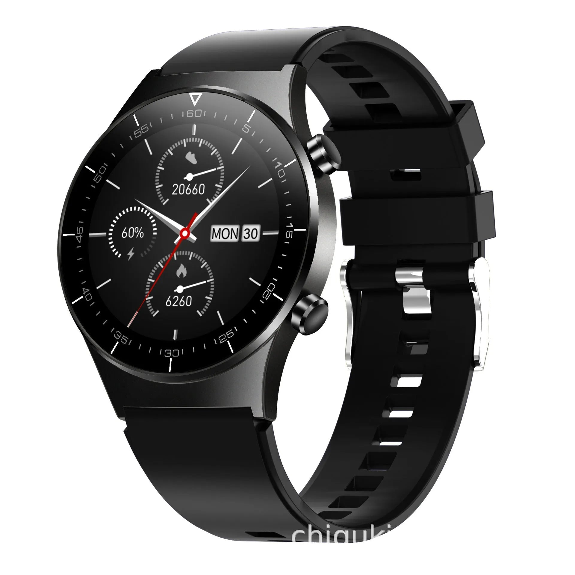 Black smartwatch with health monitoring on a TPU wristband showing a 1.28-inch touch screen.