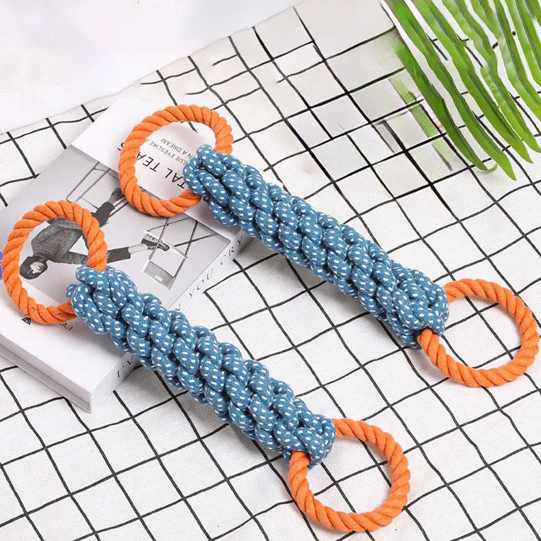 Blue double-ring braided cotton bone shape dog chew and tug toy