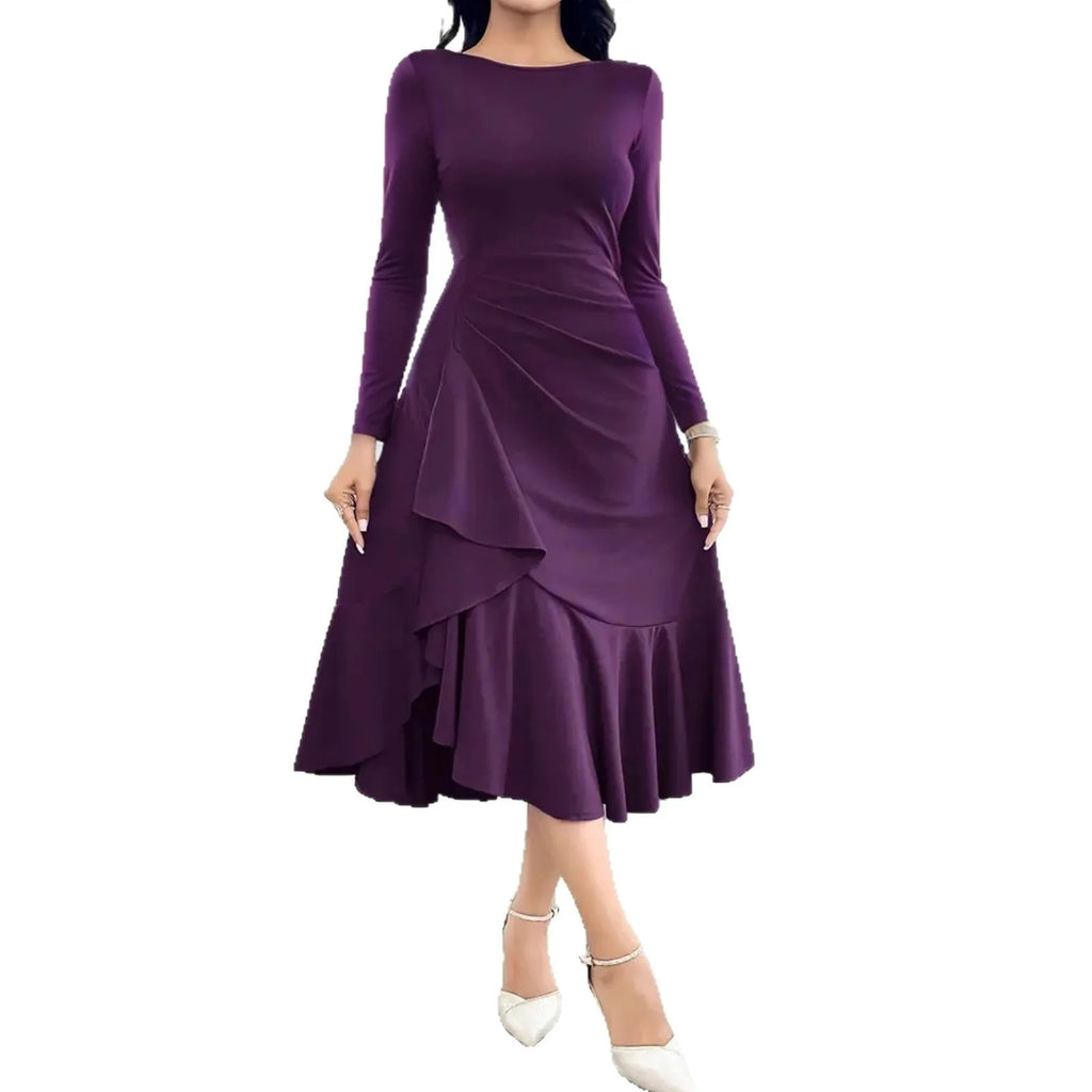 Purple women's long sleeve dress with round neck and ruffle detail on a mid waist.