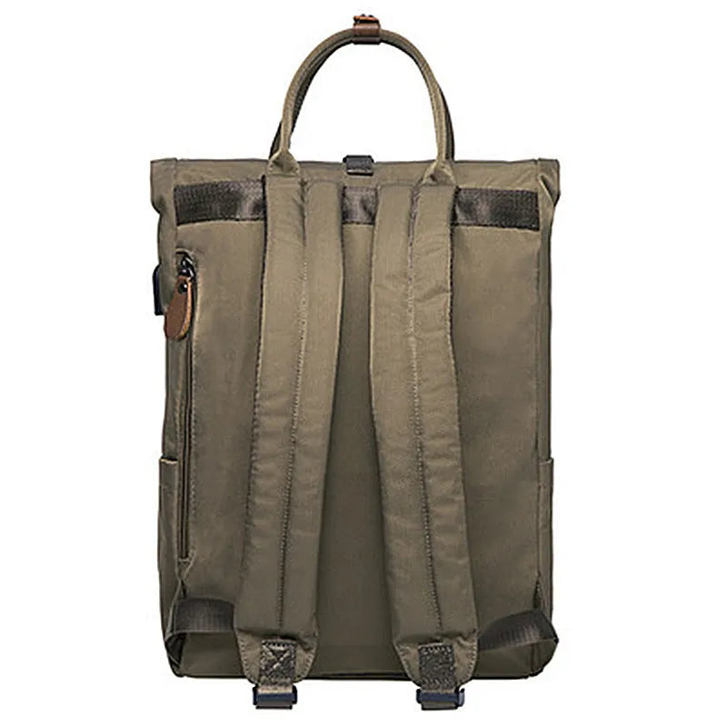 Black casual polyester backpack showing cover opening and internal laptop sleeve.
