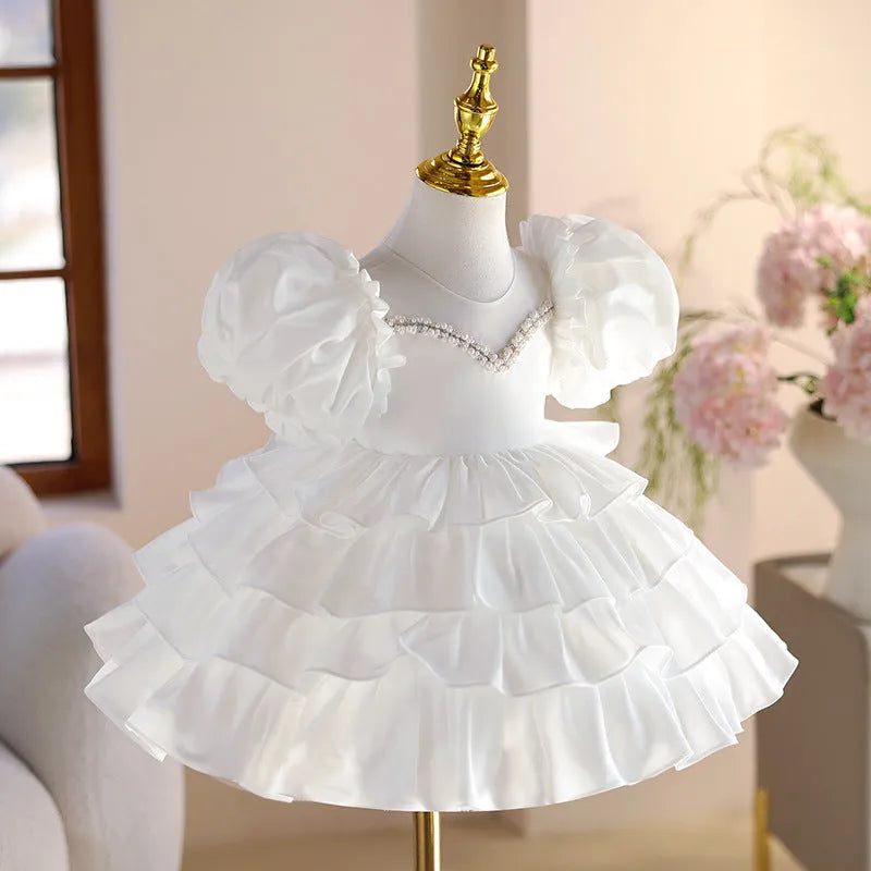 Girl's white princess wedding dress, polyester blend with 50 percent polyester lining, height sizes 80-150cm.