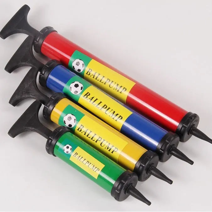 Mixed colour plastic manual hand pump for inflating basketballs, footballs, and balloons.
