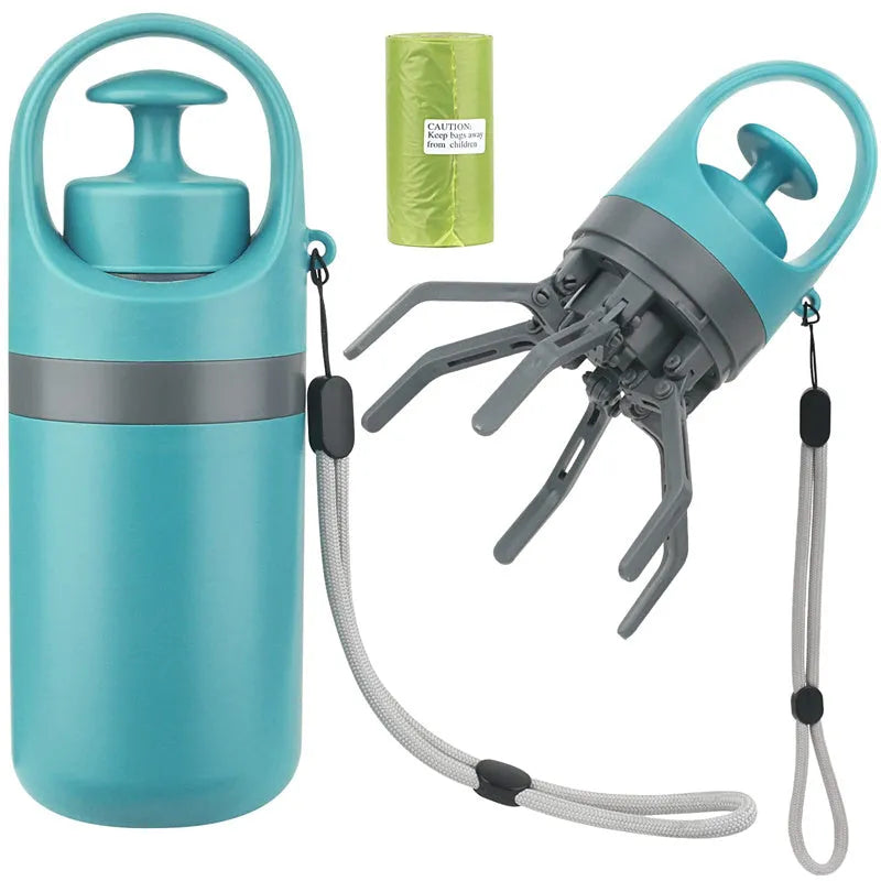 Blue plastic portable dog pooper scooper with built-in bag dispenser and carrying lanyard.