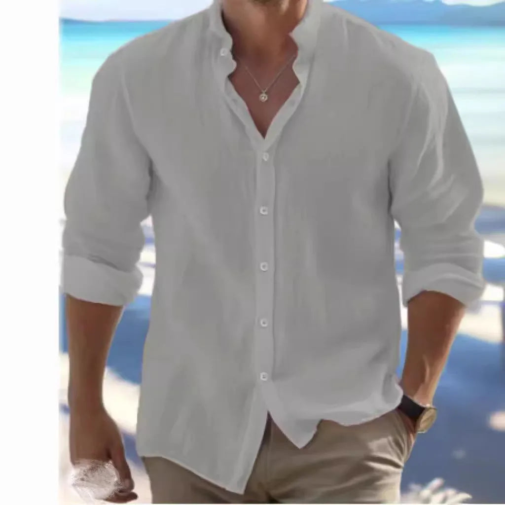 Men's light grey casual button-front cotton summer shirt on a hanger.