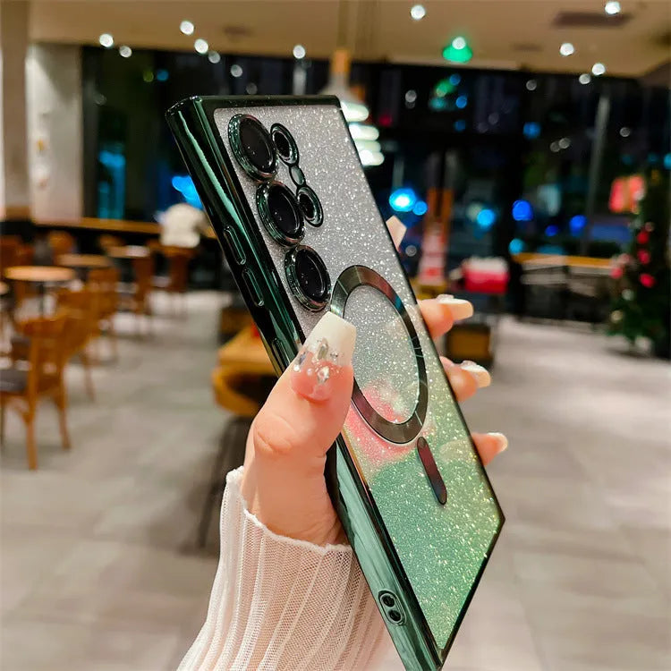 Electroplating magnetic gradient glitter paper soft shell Samsung phone case in dark green, pink, blue, black, gold, purple, silver, red