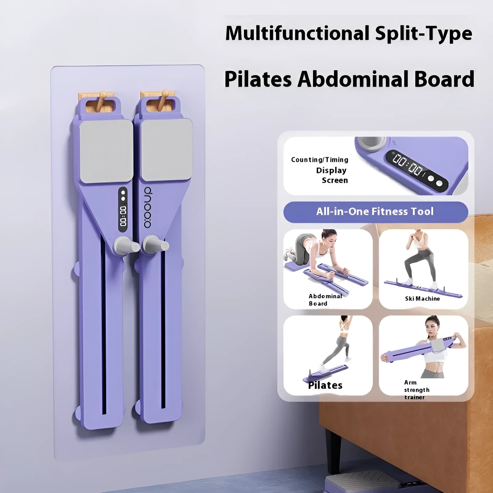 Split multifunctional skiing machine trainer, a long purple fitness board on a home floor.