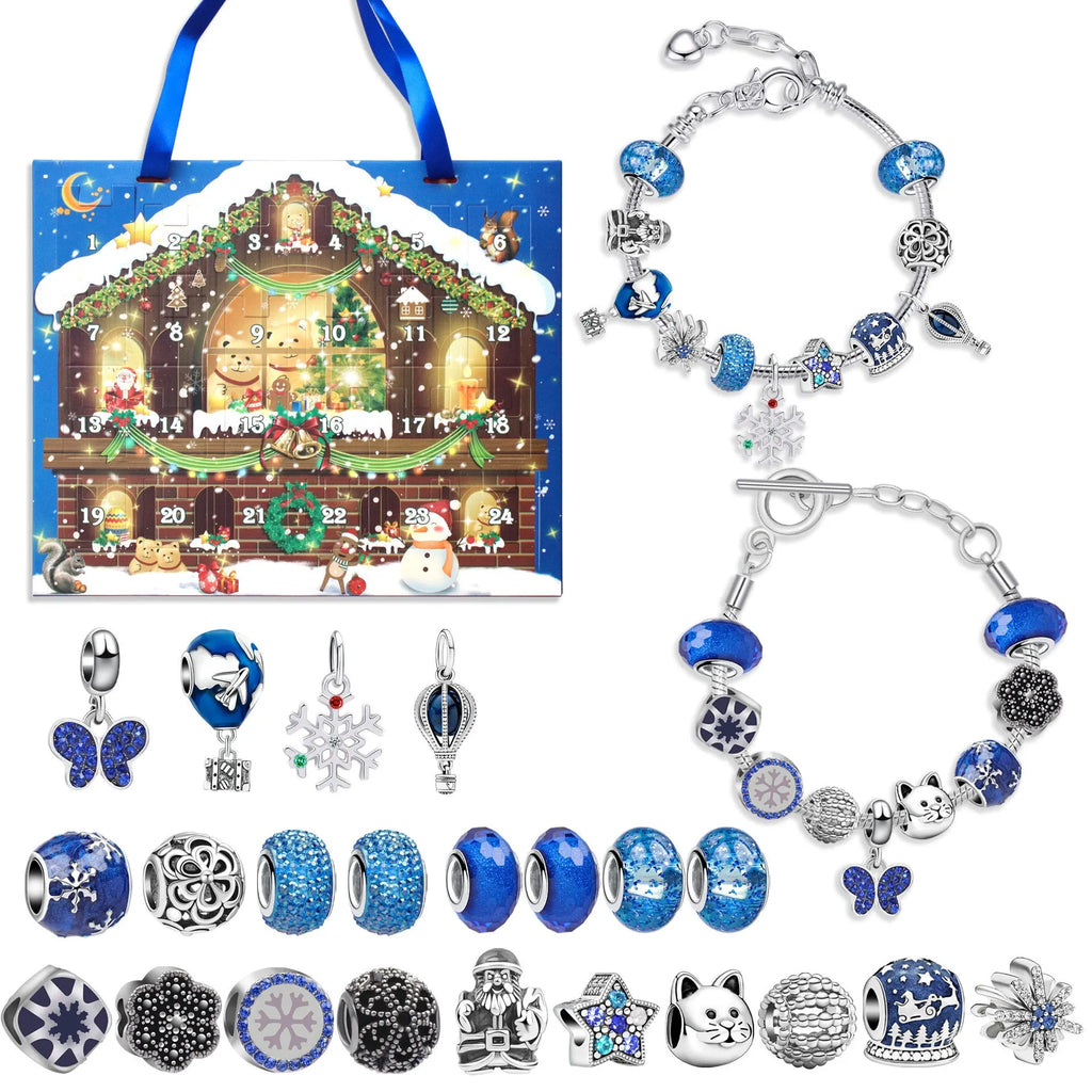 Zinc alloy 25 grid Christmas advent calendar with electroplated finish in blue, featuring a bracelet blind box