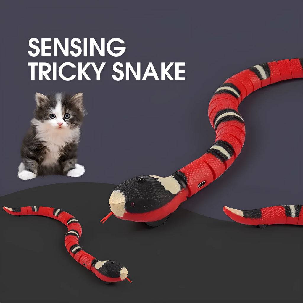 Smart sensing interactive electronic snake cat toy with textured plastic body on a floor