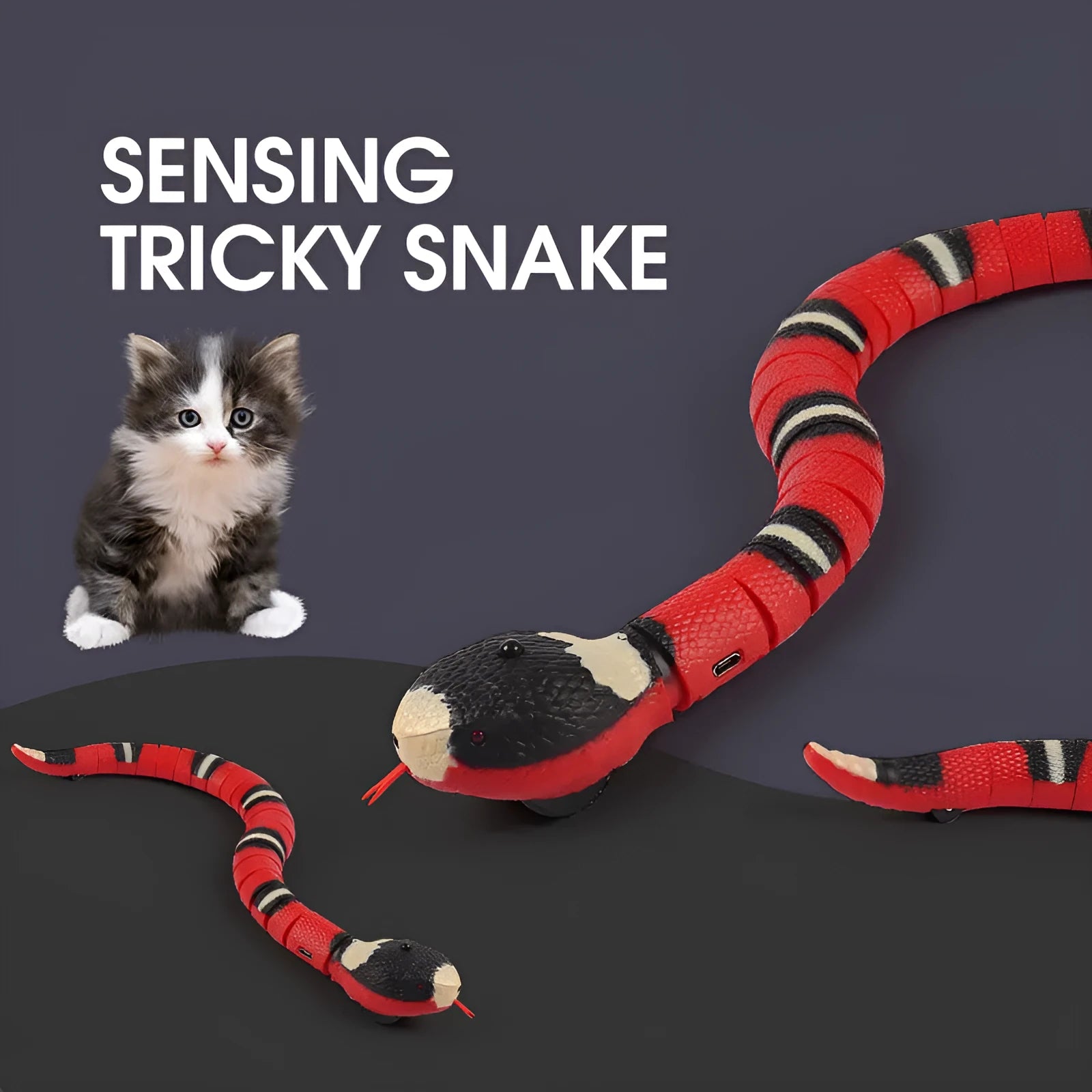 Smart sensing interactive electronic snake cat toy with textured plastic body on a floor