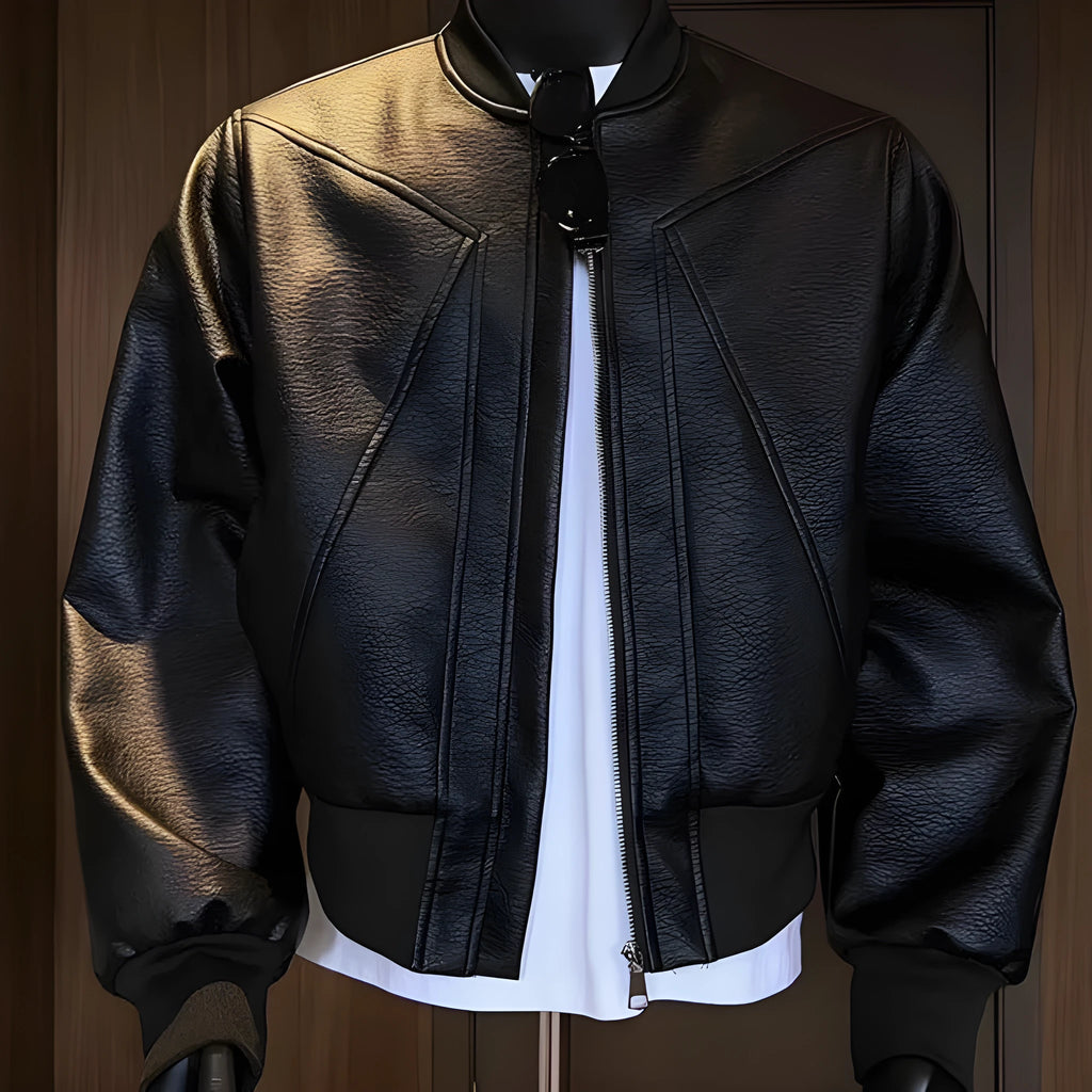 Men's black PU leather jacket with extended length and slim-fit business casual style