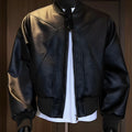 Men's black PU leather jacket with extended length and slim-fit business casual style