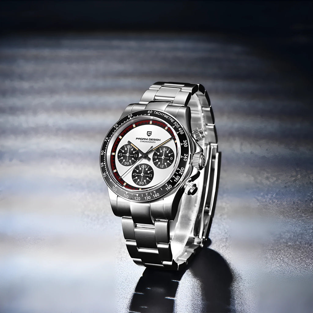 Berjani stainless steel chronograph watch with 40mm case and black or white dial