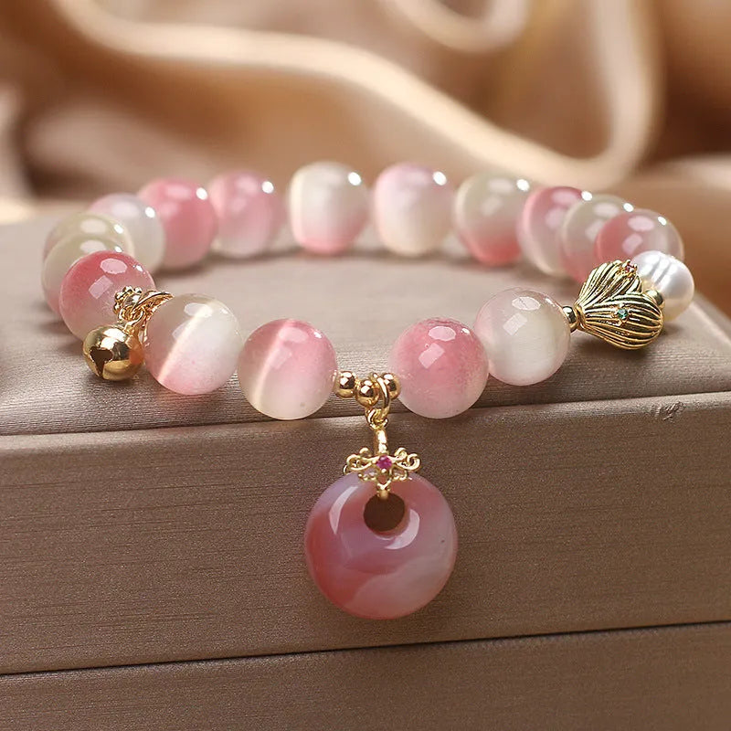 Natural gradient opal agate bracelet for women with pink stones and safety buckle pendant