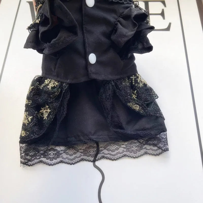 Golden gothic-style skirt costume on a small dog, showing the full princess silhouette and detailed sizing.