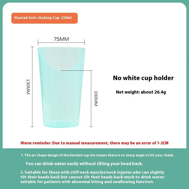 Oblique mouth choke proof drinking cup with optional wrist splint for elderly and pregnant women bed use
