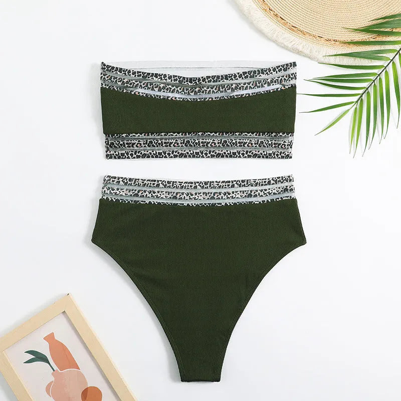 Black strapless swimsuit with leopard print detail on the briefs.