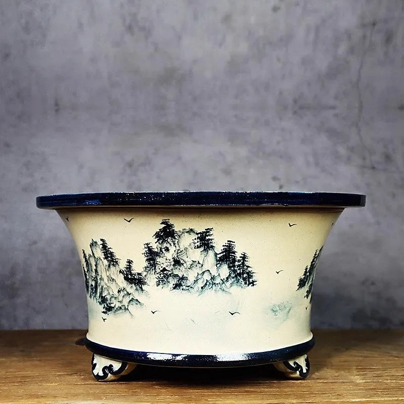 Lingnan Shiwan ceramic flower pot with hand-painted High Mountains landscape, glazed stoneware, wide mouth.