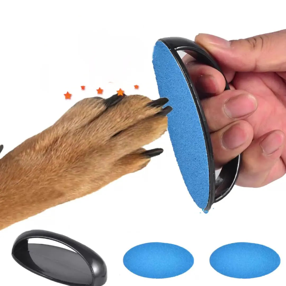 A square, handheld dog nail scratch board with an ergonomic handle, shown in a choice of blue, green, yellow, or black.