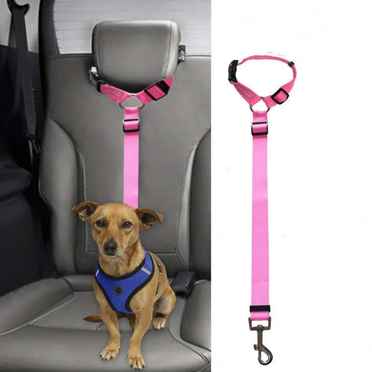 Car backseat pet leash for dogs made from polyester in nine colour options attached to a vehicle seatbelt