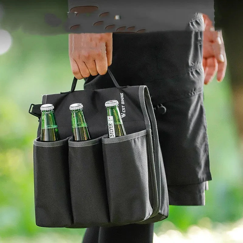 Black and blue orange double-sided bicycle handlebar drink storage bag mounted on bike.