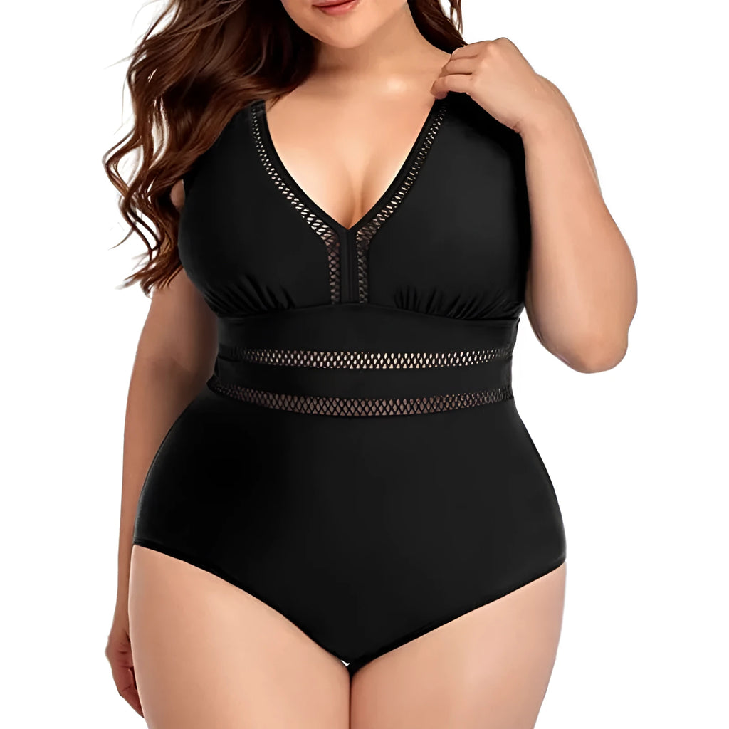 Plus size black print women's bikini swimsuit made from polyester mesh fabric.