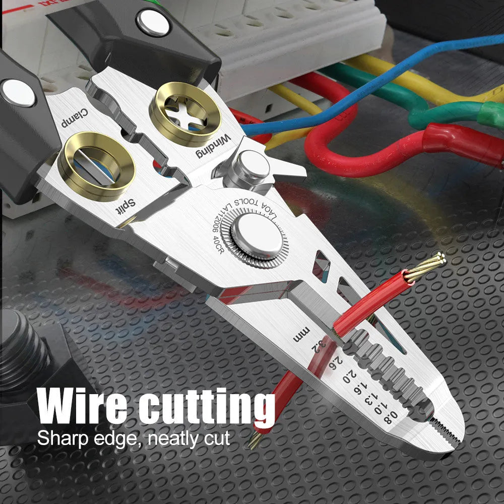 Stainless steel multifunctional wire stripper with seven stripping ports and a two-colour ABS handle.
