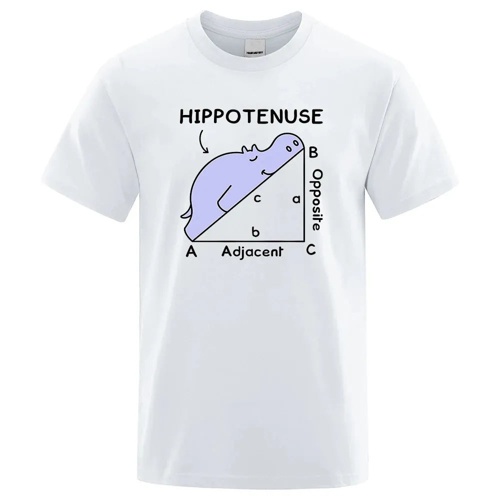 White cotton t-shirt with a large printed humorous triangle diagram labelled Hippotenuse, Opposite, Adjacent.