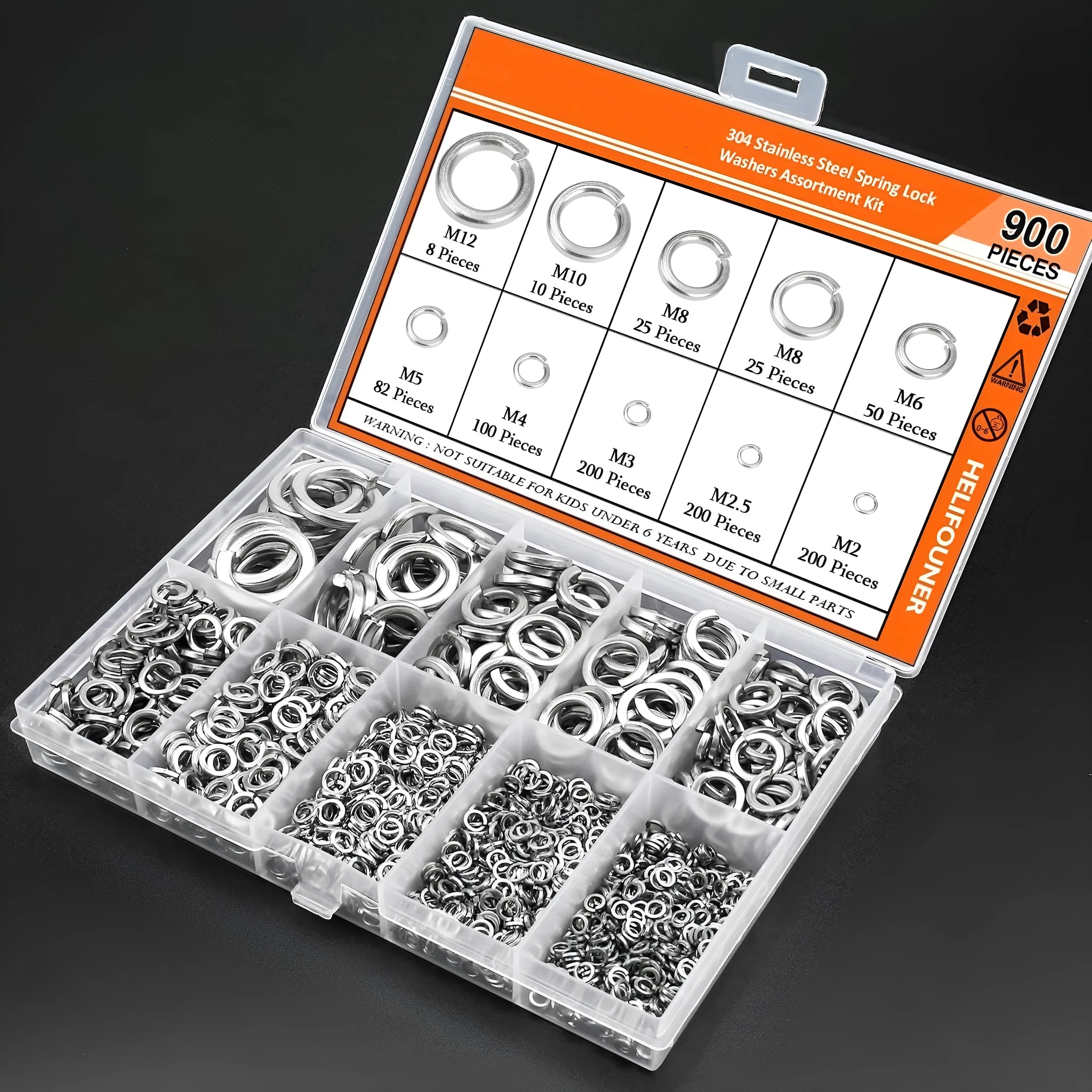 Open box showing assortment of 304 stainless steel spring lock washers in various sizes.