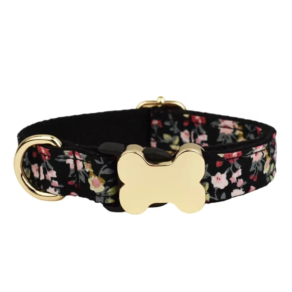 Flat nylon dog collar with printed grid pattern and bone-shaped buckle in multiple colour options.