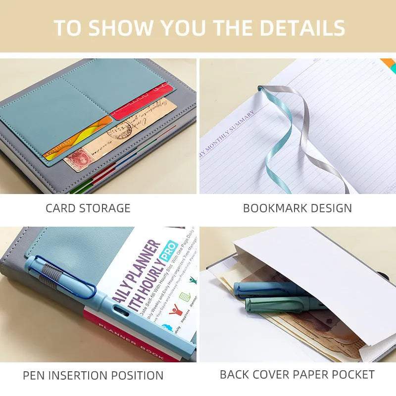 Creative undated notebook with PU cover in six colours, showing thread binding and planning stickers