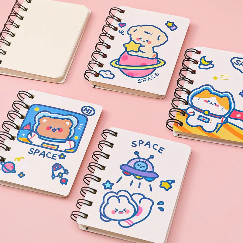 Astronaut-themed portable flipper notebook showing 10.5 by 8 cm size and colourful cover options.