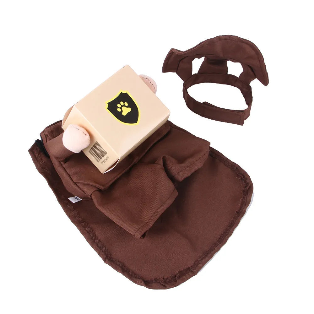 Coffee coloured courier costume for a dog or cat on a hanger