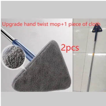 Extendable triangle mop with rotating blue head and adjustable stainless steel pole for corner cleaning