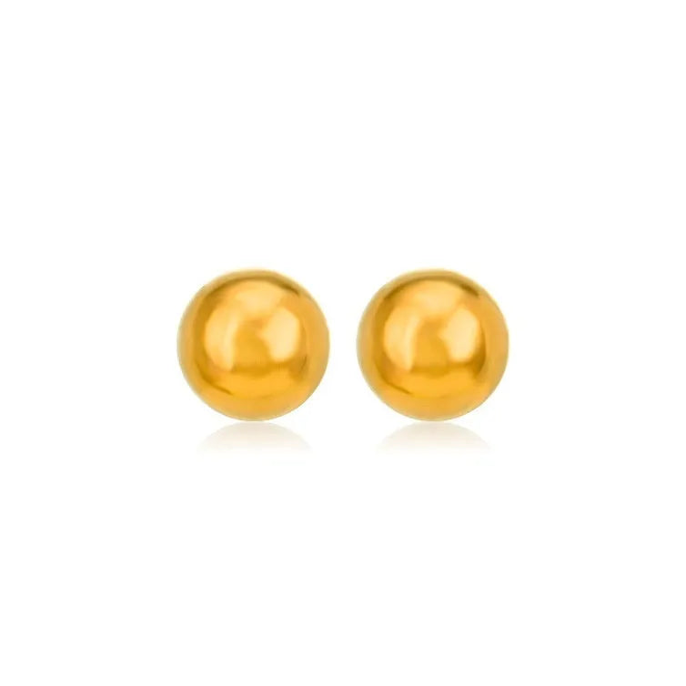 Minimalist round ball stud earrings in gold and silver plating on a white background.