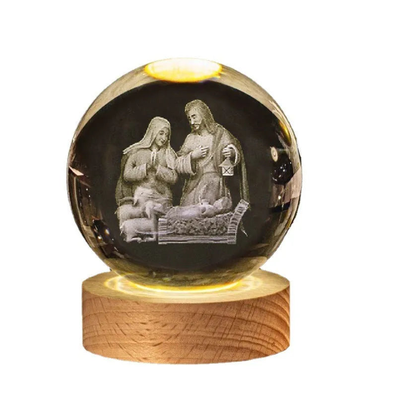 White crystal church ornament with etched purity theme on 6cm ball and warm LED light in wood base