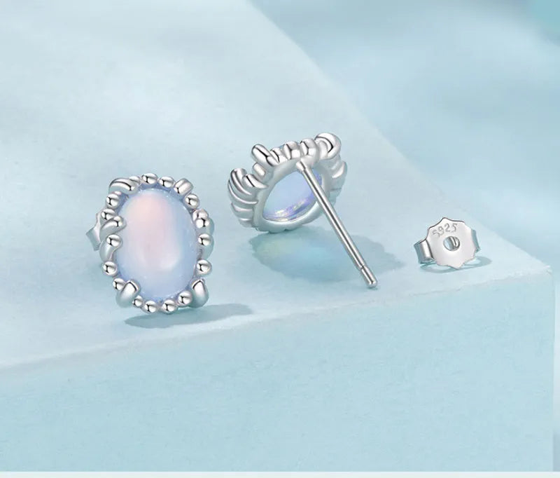 Women's 925 sterling silver magic stone stud earrings geometric ellipse French retro style