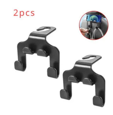 Car-mounted ABS multifunctional hook showing dual design for hanging items and phone bracket use