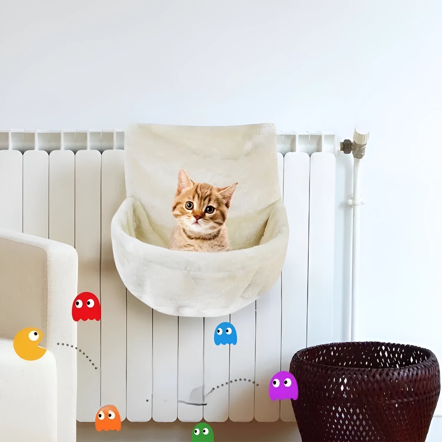 Grey iron fleece cloth cat hammock with iron frame, shown mounted in a cage