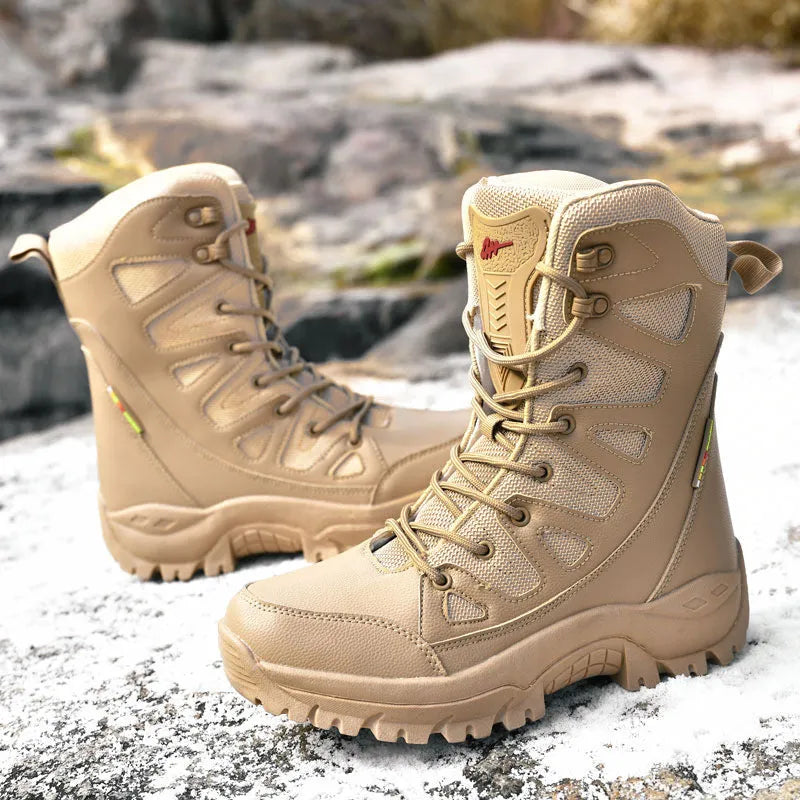 Men's cowhide leather hi-top hiking shoes in beige colour on a rocky outdoor path.
