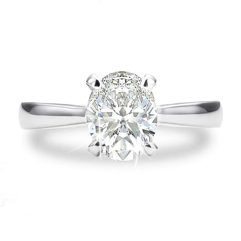 Oval moissanite ring in four-claw setting, D colour, electroplated band, sizes 5 to 9