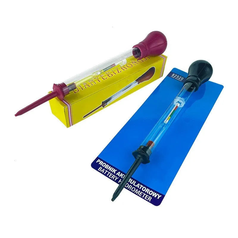 Electrohydraulic hydrometer for automobile battery testing with glass construction and suction bulb