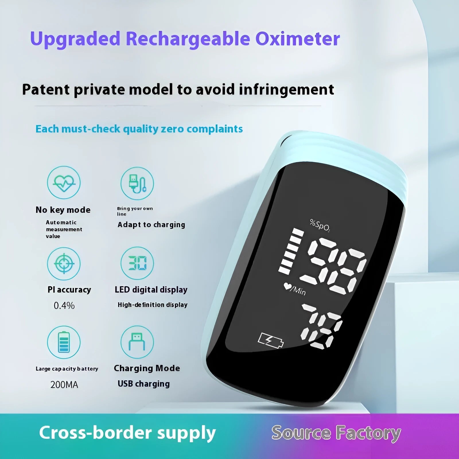 Rechargeable pulse finger clip oximeter with built-in battery in light blue, compact ABS design