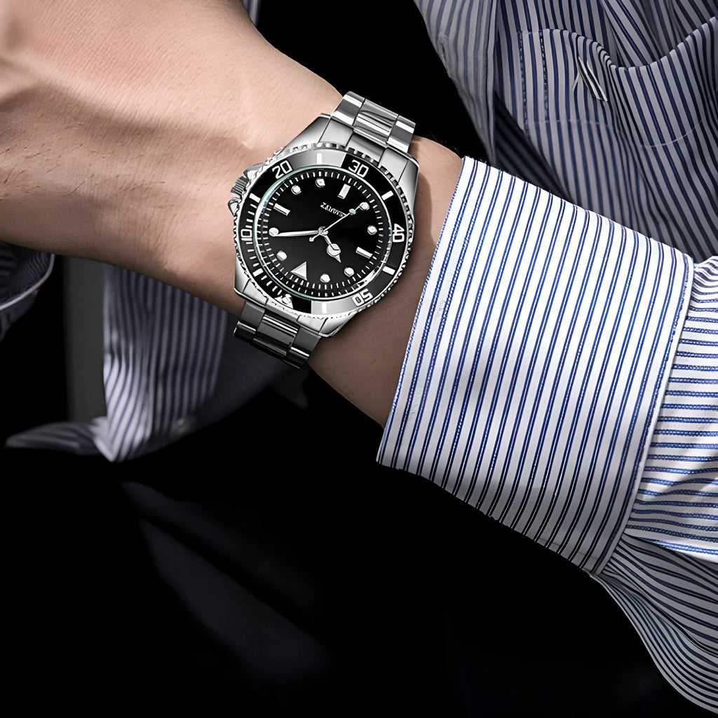 Steel belt black plate universal quartz watch with 40mm dial, 8mm alloy case, night glow hands, and stainless steel horseshoe buckle.