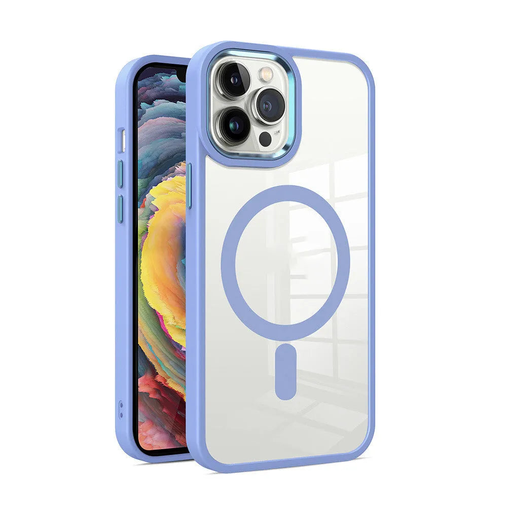 Slim magnetic transparent silicone phone case in plum red colour on an iPhone, showing raised edge for screen protection.
