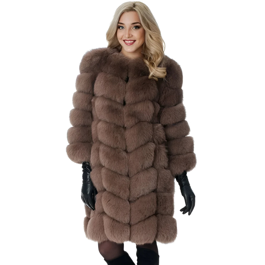 Women's long black artificial fur coat with regular sleeves.