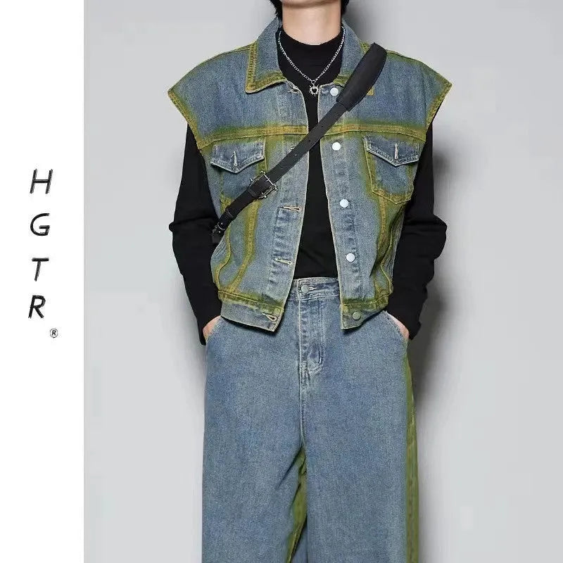 Distressed denim vest and jeans set with spray colour gradient finish and fleece lining