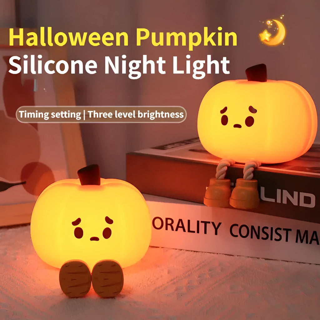 Soft silicone pumpkin night light with touch dimming controls and USB charging port